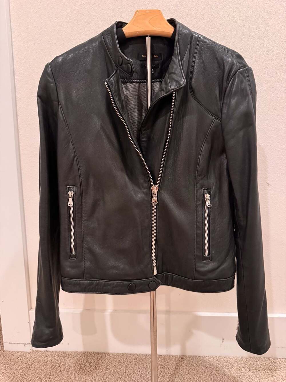 Massimo Dutti Women's Black Leather Biker Jacket with Mandarin Collar